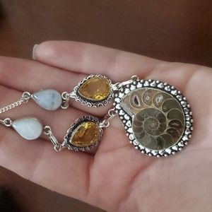 New Ammonite Fossil, Rainbow Moonstone & Citrine 925 Silver Necklace.